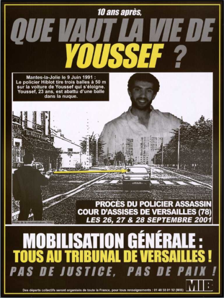 Affiche de la campagne « Que vaut la vie de Youssef ? » menée par le MIB en 2001